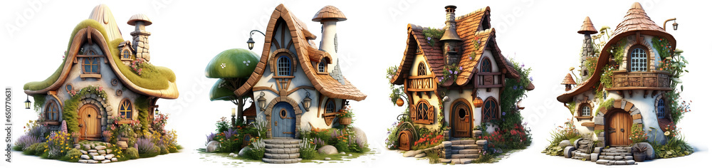 a group of very particular houses, children's books fairy tale house, 3d rendering style a group of very particular houses, children's books fairy tale house, 3d rendering style
