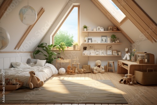 Styled Sustainable Bedroom Interior with Children Toys and Stuffed Animals. Modern Windows with Indoor Plant in Corner with White Bedding