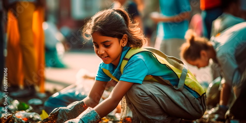 children participating in a citywide cleanup competition, inspiring civic responsibility. Generative AI