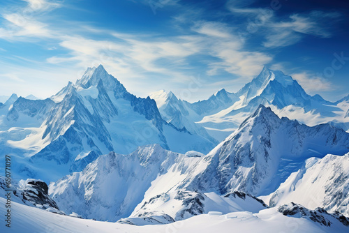 A beautiful view of a big snowy mountain range with a blue sky.