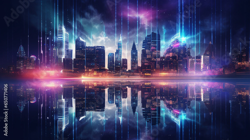 Glittering Cityscape with Neon Lights at Night  Abstract  Background
