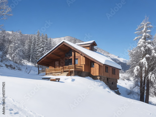 Wooden house in the snowy mountains, fantasy. AI.   © IM_VISUAL_ARTIST