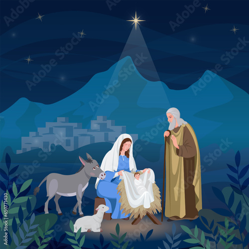 Merry Christmas, christmas card with Mary, baby Jesus, Joseph and animals, holy night. vector illustration.