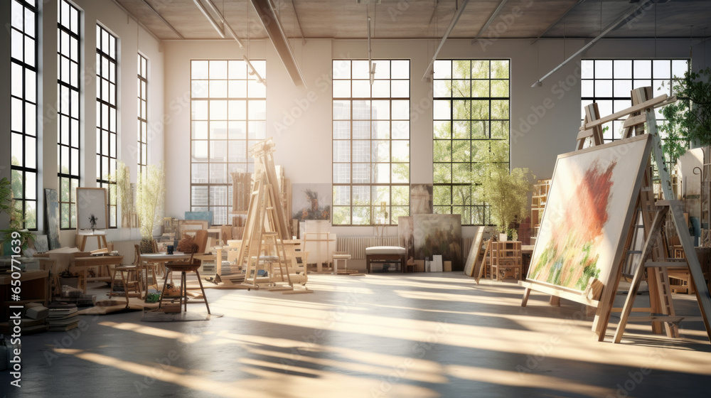 Contemporary Art Studio: A bright and airy space with large windows, designed for painting and creative endeavors. Easels, art supplies, and inspiring artwork are showcased  - obrazy, fototapety, plakaty 