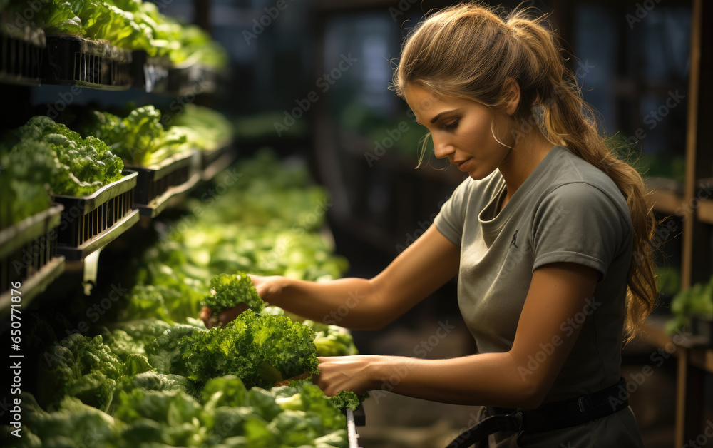 Woman gathering fresh lettuce in vegetable factory. Generative AI Woman gathering fresh lettuce in vegetable factory. Generative AI