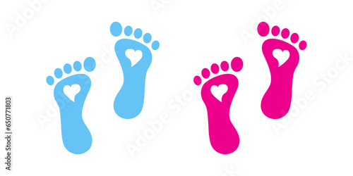 Footprint icon. Foot signs. Print step symbol. Human walk symbols. Barefoot baby icons. Black, pink, blue color. Vector sign.