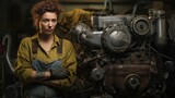 Beautiful mechanic woman standing next to a large engine