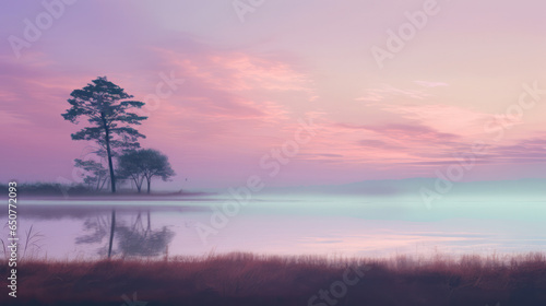 A tree on the shore of the lake. Fog on the surface of the river. Purple sky and clouds. The sun is setting. Nature landscape in autumn or winter.