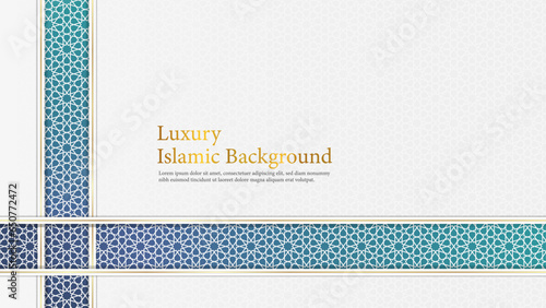 Luxury Islamic Background, White and Blue Arabic Islamic Elegant Background with Arabic Pattern and Decorative Ornament Frame.