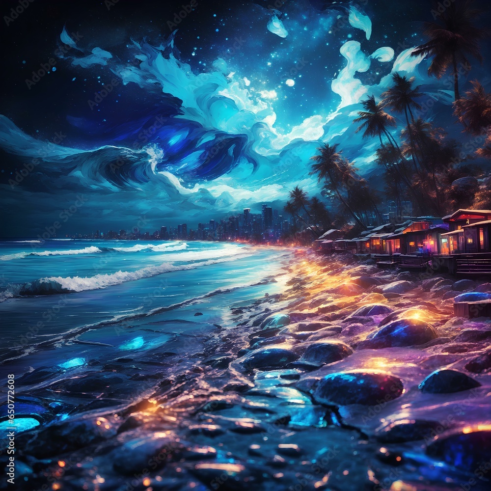 beautiful illuminated beach at night with attractive light and details 
