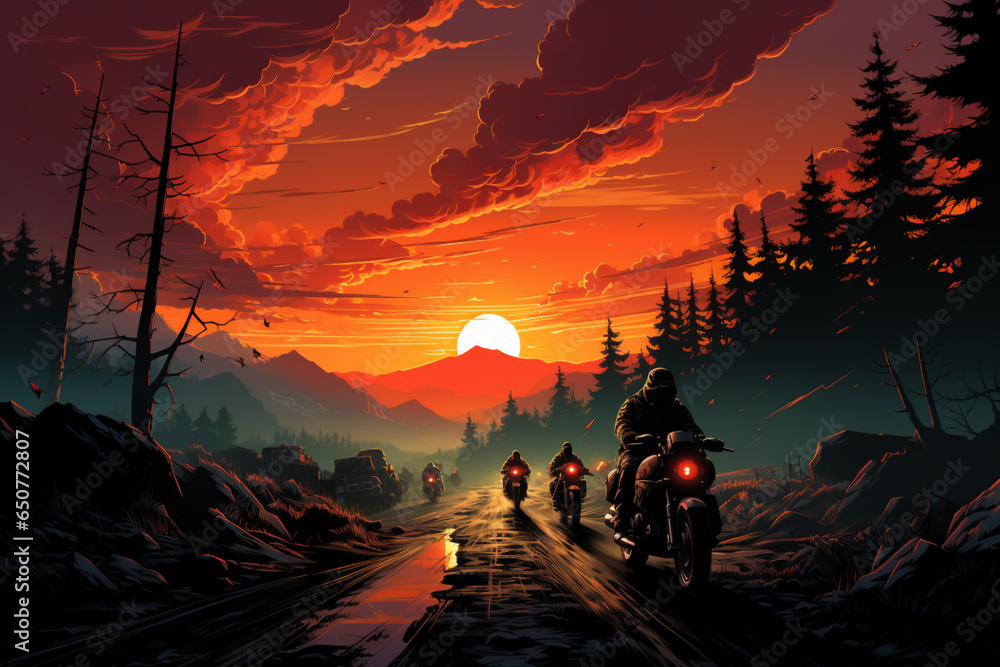 group of motorcycle riders riding together at sunset made with AI