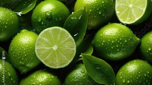 Canvas Print Close-up of fresh limes covered in water