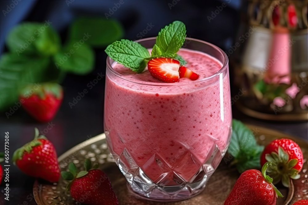 Appetizing homemade strawberry smoothie in glass, Generative AI Appetizing homemade strawberry smoothie in glass, Generative AI