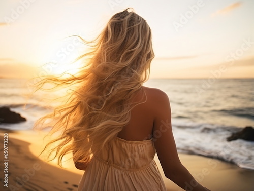 Outdoor fashion portrait of beautiful sensual lady wearing stylish maxi chiffon dress posing at sunset in the beach, have long blonde hairs bright make up and accessorizes