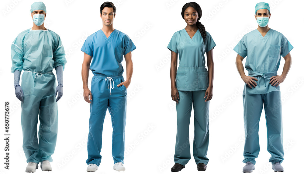 a group of multiethnic surgeon doctors dressed in blue operating room gowns standing in a pose, isolated on a transparent background - obrazy, fototapety, plakaty 