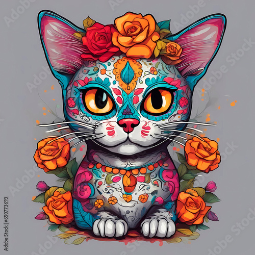  gato con mascara calavera con patrones de colores y rosas para el dia de los muertos. ilustración photo