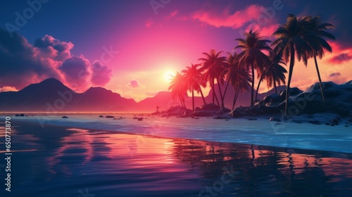 A serene beach with palm trees at sunset
