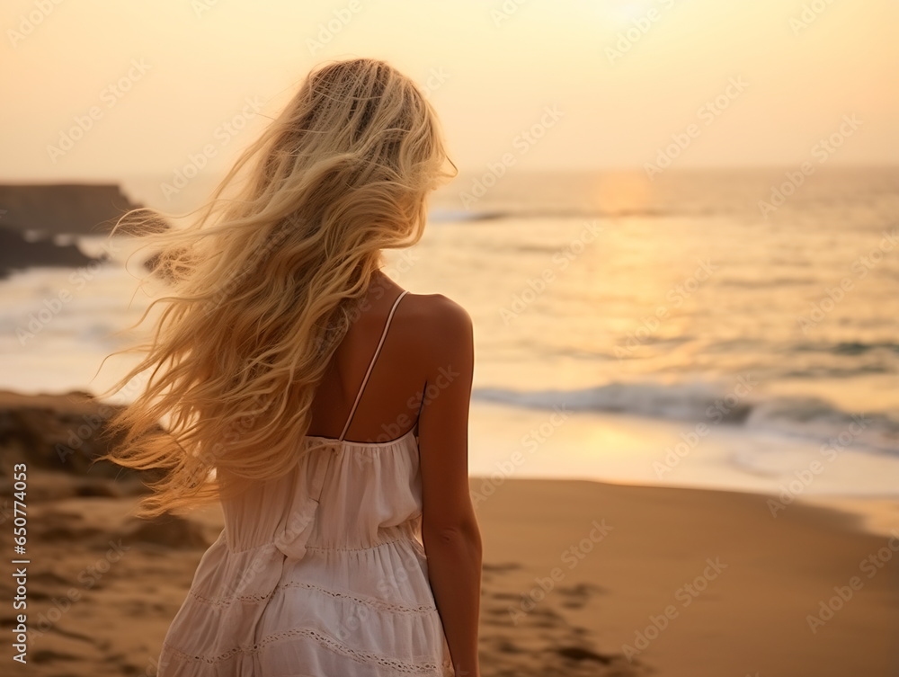 Outdoor fashion portrait of beautiful sensual lady wearing stylish maxi chiffon dress posing at sunset in the beach, have long blonde hairs bright make up and accessorizes Outdoor fashion portrait of beautiful sensual lady wearing stylish maxi chiffon dress posing at sunset in the beach, have long blonde hairs bright make up and accessorizes