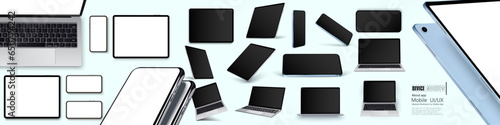Technology devices with empty display, device screen mockup collection, big realistic set. Mockup at different angles. 3D realistic device in perspective style.  Laptop, tablet, smartphone mockup.