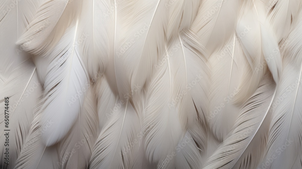 Fototapeta premium Close-up of pastel soft white bird feathers print background. Backdrop for fashion, textile, print, banner
