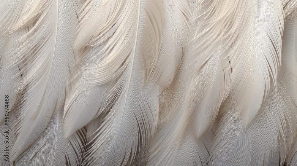 Fototapeta premium Close-up of pastel soft white bird feathers print background. Backdrop for fashion, textile, print, banner