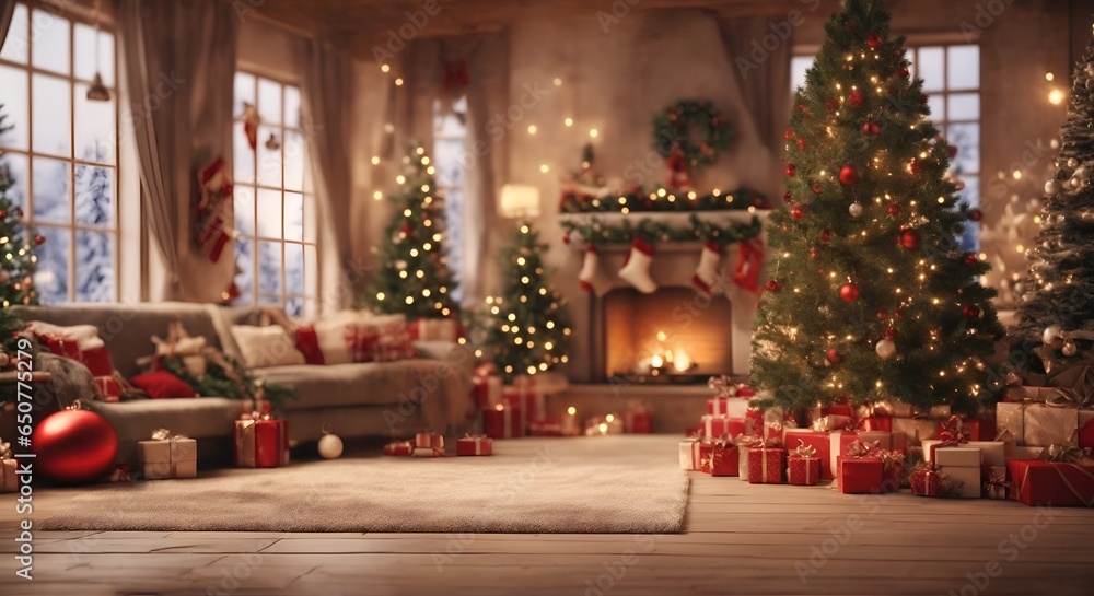 Christmas background of a beautifully decorated, cozy home living room in the Holiday season with a festive Christmas tree as the centerpiece, a fireplace with stockings and presents, Generative AI