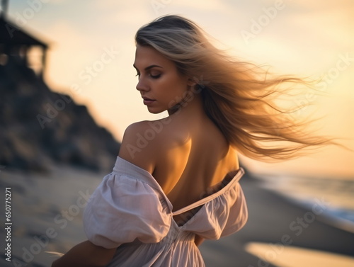 Outdoor fashion portrait of beautiful sensual lady wearing stylish maxi chiffon dress posing at sunset in the beach, have long blonde hairs bright make up and accessorizes photo