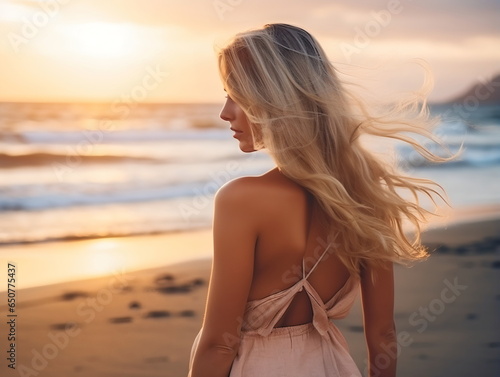 Outdoor fashion portrait of beautiful sensual lady wearing stylish maxi chiffon dress posing at sunset in the beach  have long blonde hairs bright make up and accessorizes