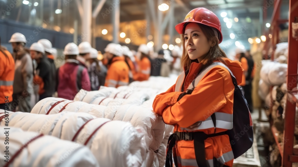A confident Asian working woman wearing a hard hat and work clothes