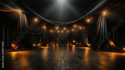 Spotlights on empty old wooden stage