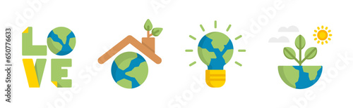 Care for planet Earth icons. Love planet, eco home, eco energy, organic planet symbols collection. Ecology icons in a flat design