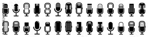Microphone icon collection for podcast, music, broadcast. Set of black variant microphone icons. Retro microphone logo