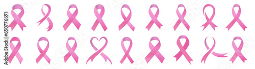 Pink cancer ribbon logo collection. Breast cancer awareness ribbons. Pink ribbons icons isolated. Pink ribbons