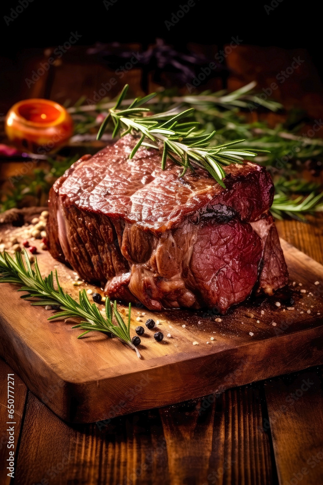 Grilled beef steak with rosemary and spices on wooden cutting board