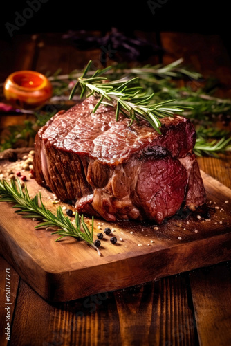 Grilled beef steak with rosemary and spices on wooden cutting board
