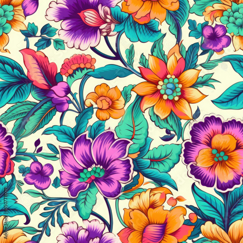 Bold and colorful henna inspired floral motifs seamless pattern, AI Generated . © shahiddzn