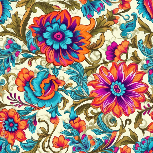 Bold and colorful henna inspired floral motifs seamless pattern, AI Generated . © shahiddzn