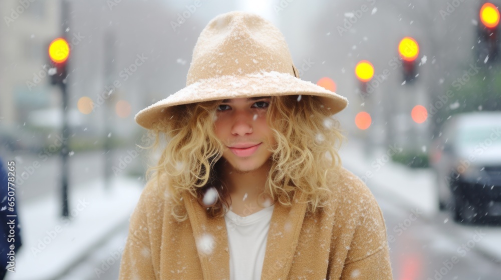 Blond man with long hair in the snow Blond man with long hair in the snow