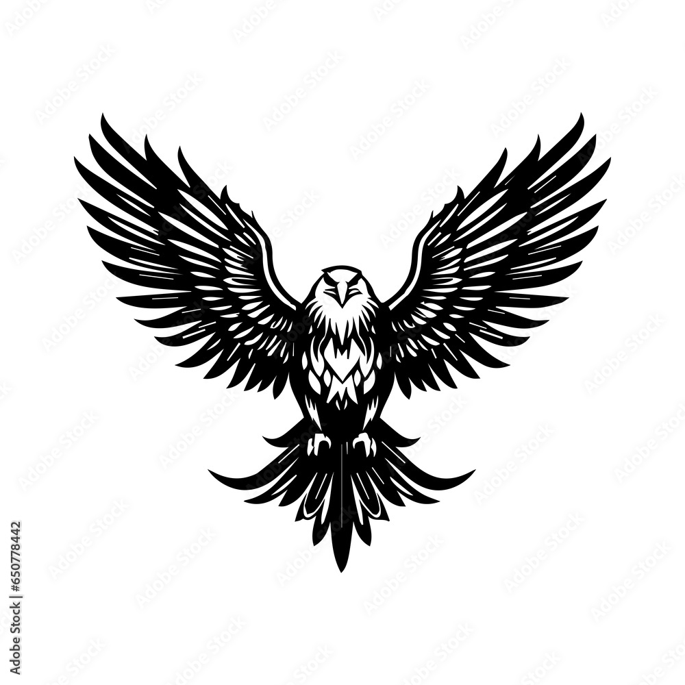 Eagle, hawk, falcon emblem with spread wings, heraldic symbol, bird, predator, wild animal, design,