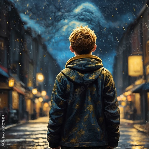 beautiful little boy wears a jaket in the city at night with attractive light and details 