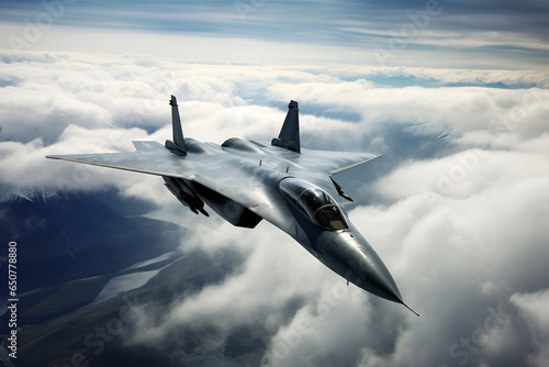 Military aircraft fighter jet flying at supersonic in clouds, 5th generation, aerial view photo