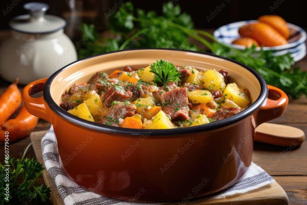 Pork meat stewed with potatoes, carrots and spices