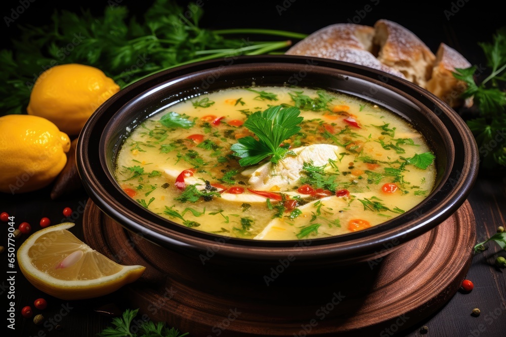 Hot tasty healthy soup with fish and vegetables
