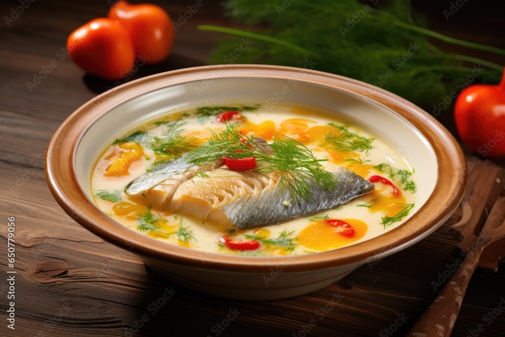 Hot tasty healthy soup with fish and vegetables