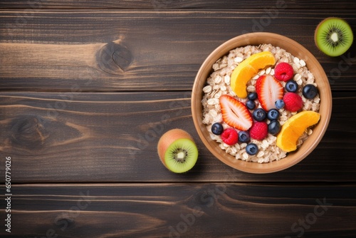 Healthy breakfast a bowl with fresh fruits and oats