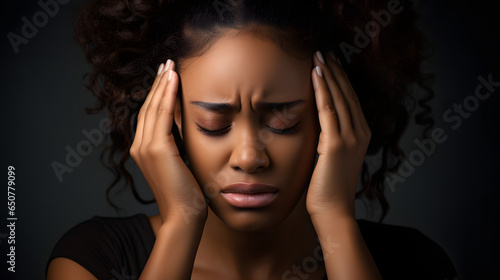 Close-up of a black woman painfully holding his head with his hand while experiencing sharp headaches and migranes