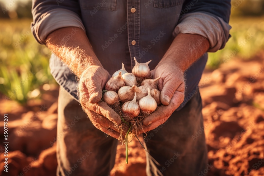 Farmer holding in his hand some garlic freshly picked from the ground