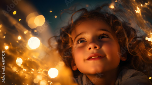 Close-up of child full of curiosity looking at beautiful lights of lanterns at the night sky filled with twinkling stars