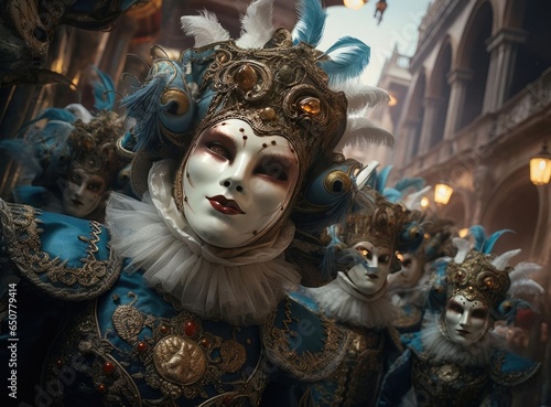A group of people at a masquerade carnival in Venice