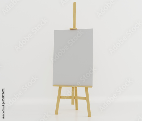 Wooden easel with blank canvas on light background. Space for text. Wooden easel with free space ready for your advertisements and presentations.